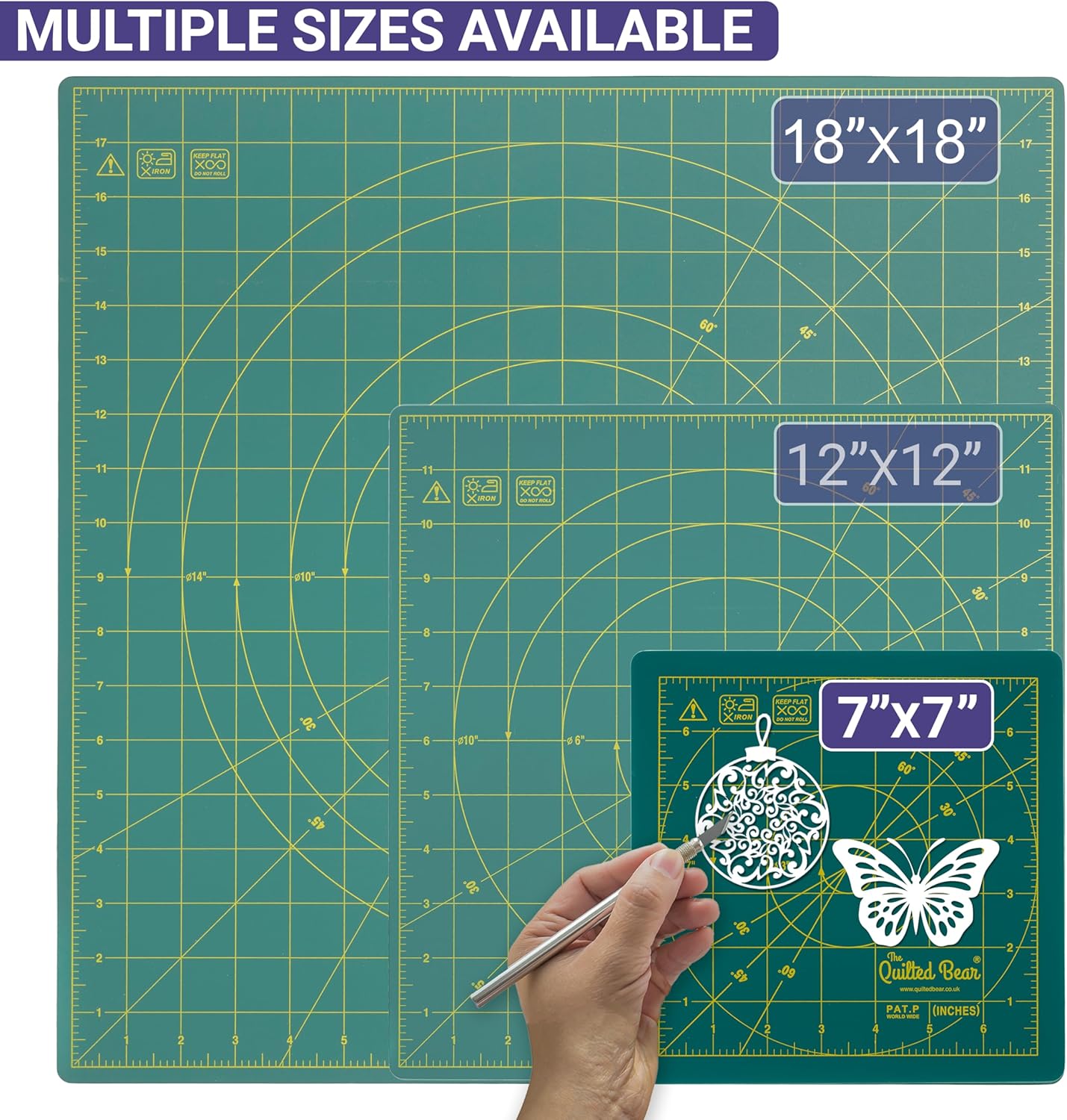 The Quilted Bear Rotating Cutting Mat 7" x 7" - Locking & Rotating Self Healing Cutting Board for Sewing, Fabric & Effortless Quilting - 360 Degree Sewing Supplies Mat for Craft Table (Green)