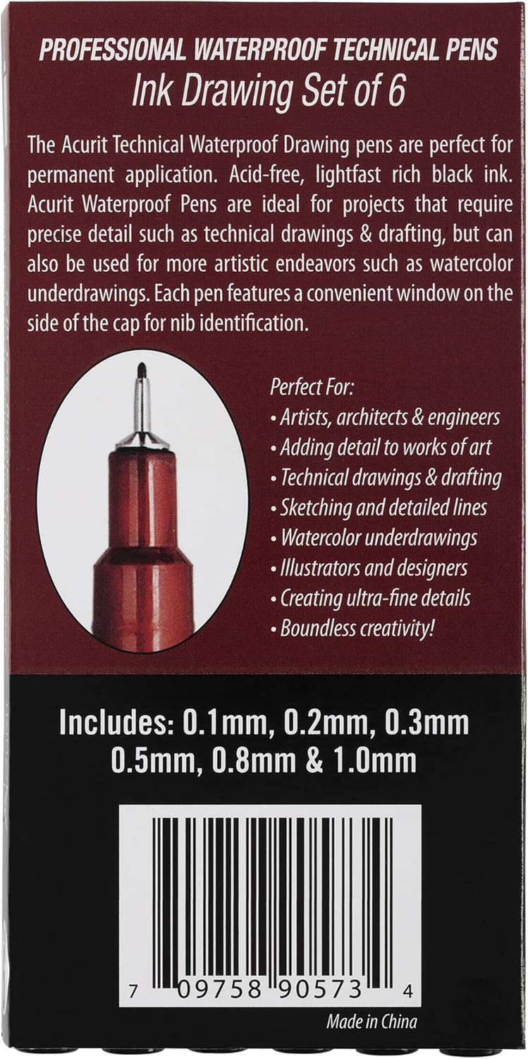 Waterproof Technical Pens - Professional Waterproof Technical Pen, Rich Blank Ink, Acid-Free, Light Fast, for Sketching, Drawing, CAlligraphy, & More! - [6-Pack - Assorted Sizes]