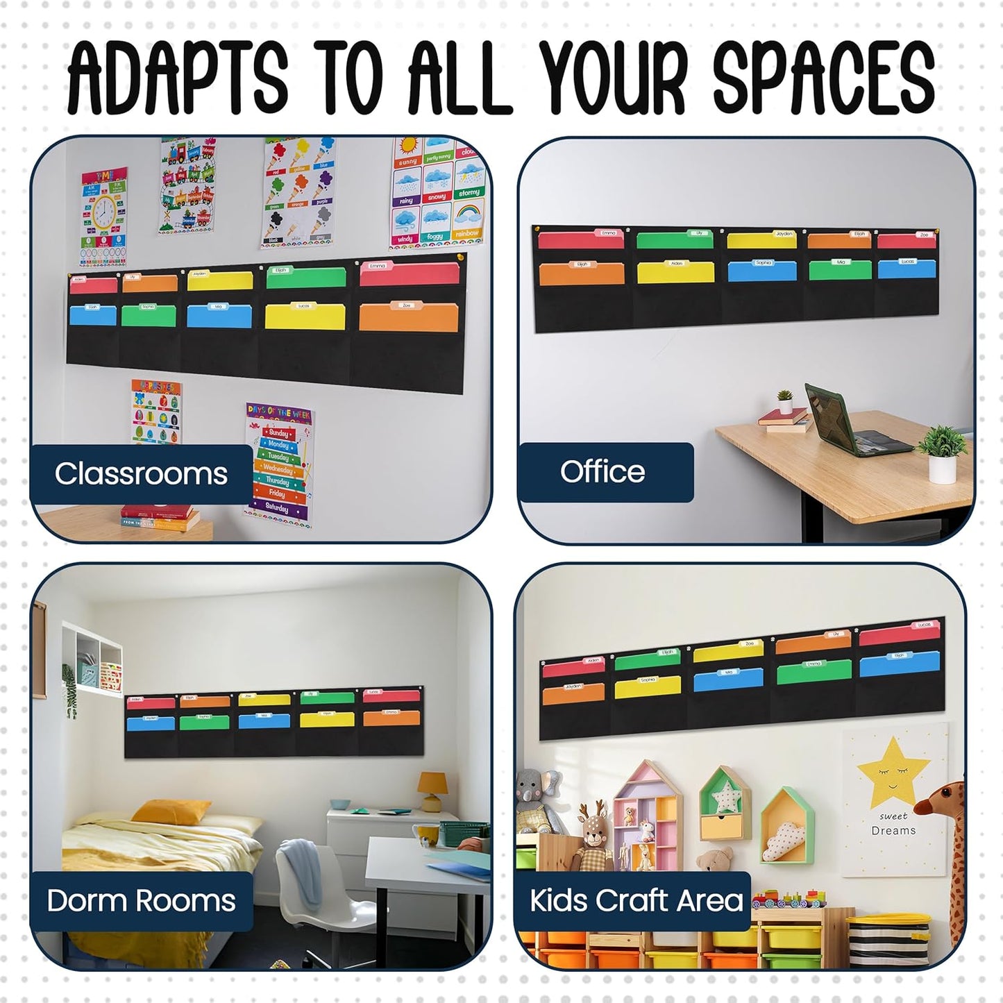 Essex Wares - 10 Pocket Horizontal File Hanging Paper Organizer for Letter Documents, Black, 69.5" Wide x 15.5" - Hanging Pocket File Organizer - Black Pocket Chart for Classroom & Office - 10 Pockets