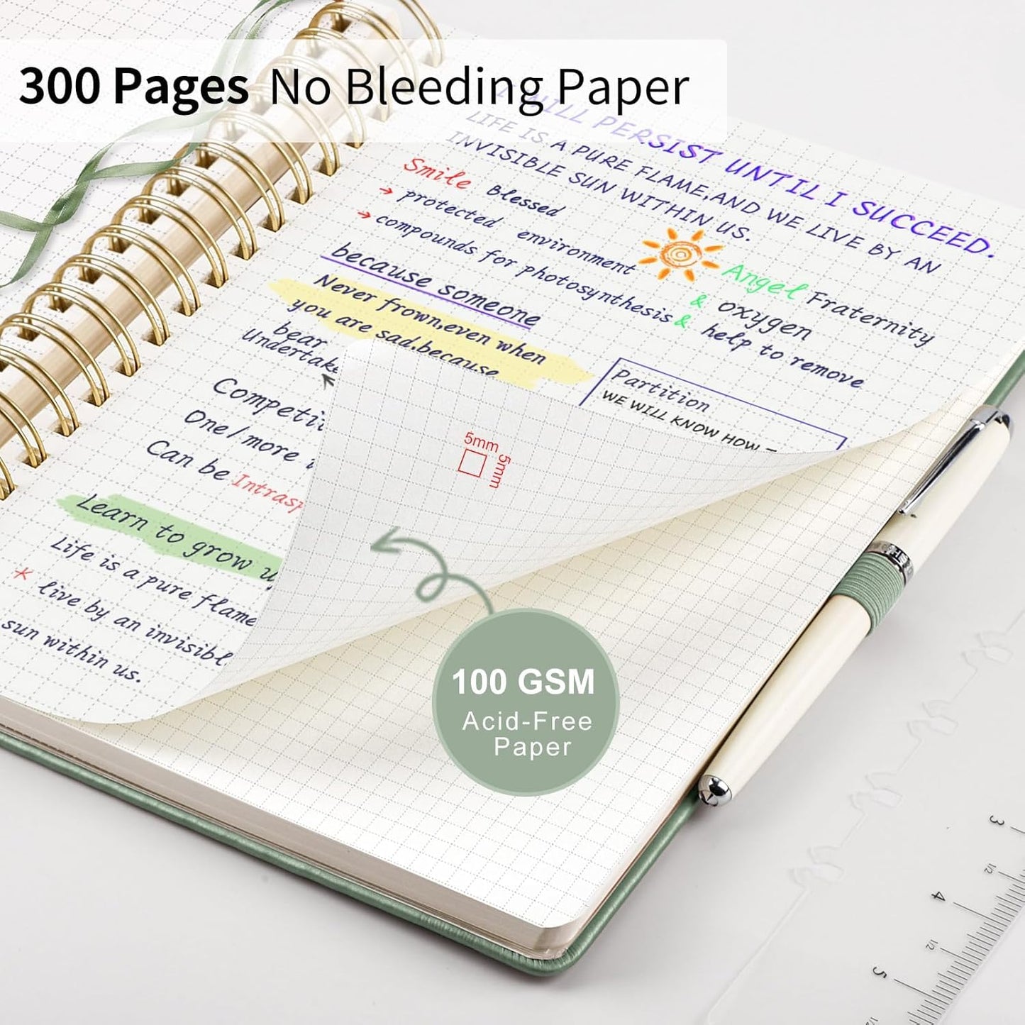 EMSHOI Spiral Graph Paper Notebook - 300 Pages, 100 GSM Thick Grid Notebook, B5 Large Hardcover Leather Journal for Women Men Work School Writing Engineering Graphing, 7.48" x 10.15", Light Green