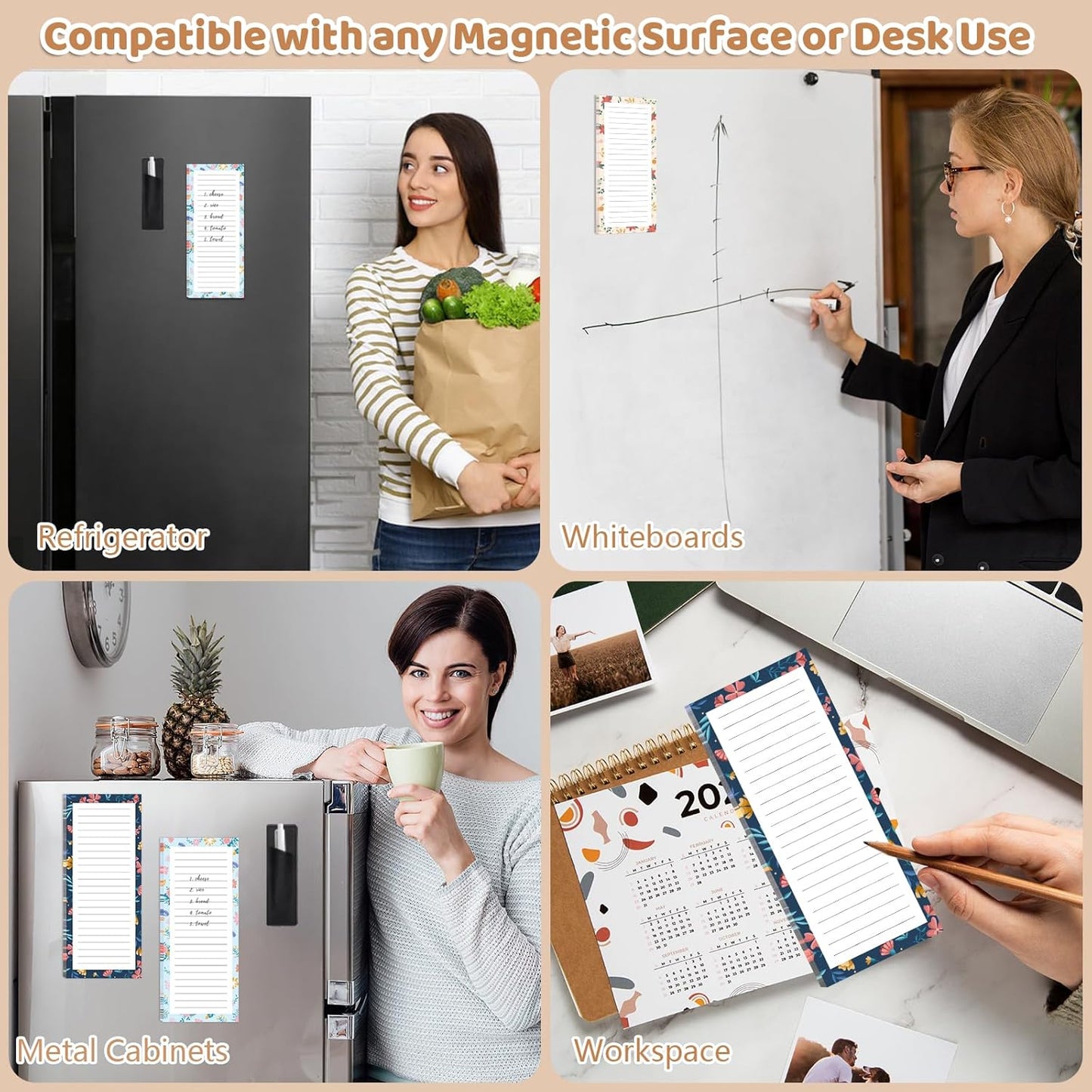 4 Pack Magnetic Note Pad for Fridge with Pen Holder, Totally 200 Sheets Magnetic To Do List, Shopping List, Grocery List, Memo Pads for Refrigerator（Flower Design）