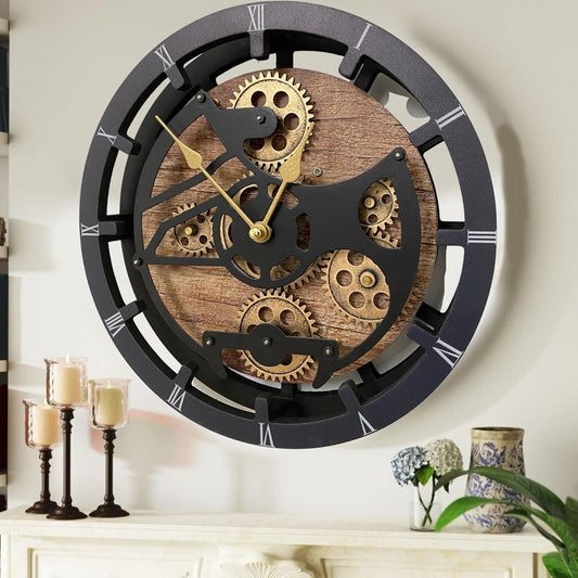 The Gears Clock 16 inches Wall Clock with Real Moving Gears Convertible into a Big Mantel Clock (Vintage Brown)