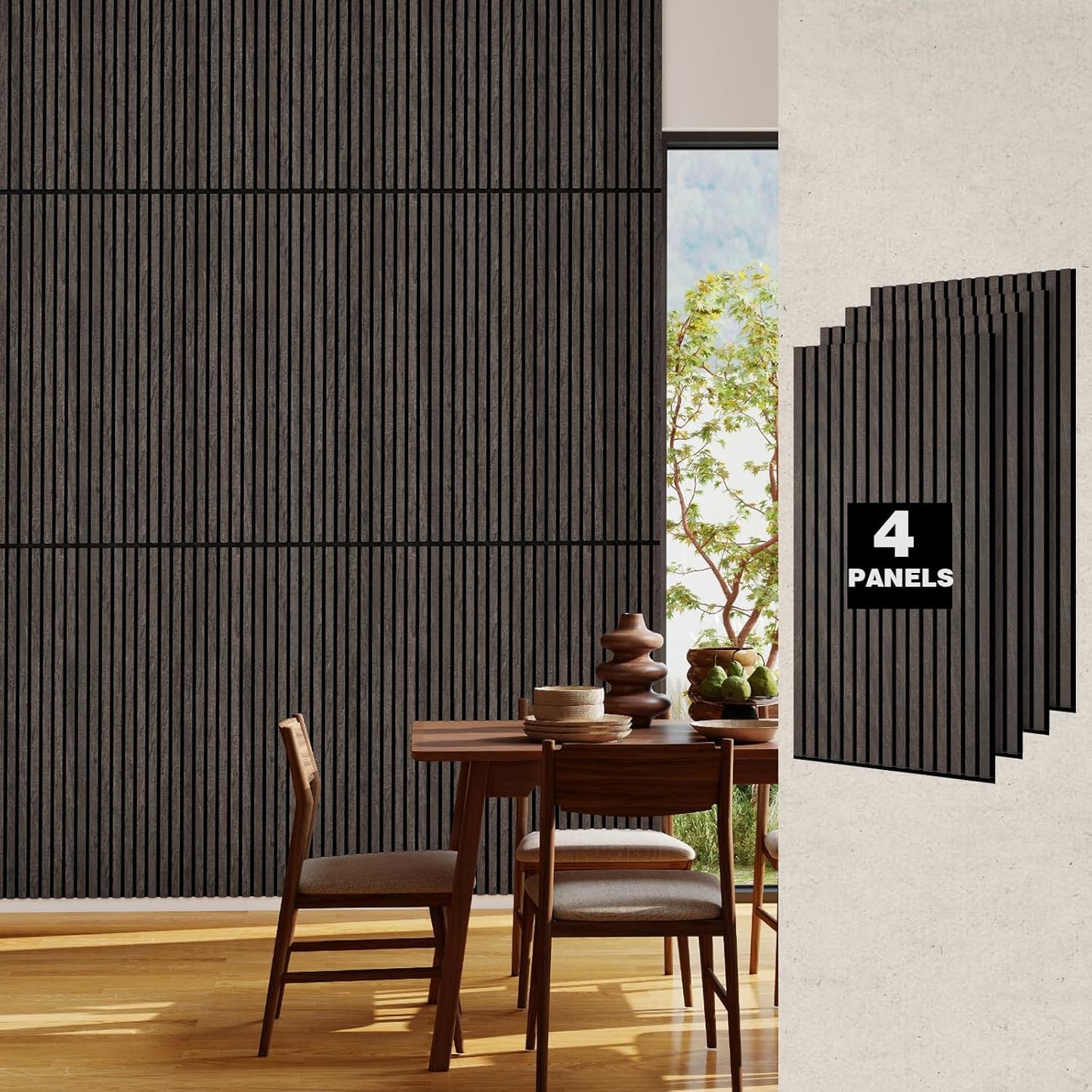 MISSDAY Wood Slat Acoustic Wall Panels, 4 Packs 47.2" x 23.6" Dark Walnut Soundproof Panel For Interior Wall Decor Noise Absorbing-3D Textured Wooden Panel Sound-Absorbing for Home, Office, Studio