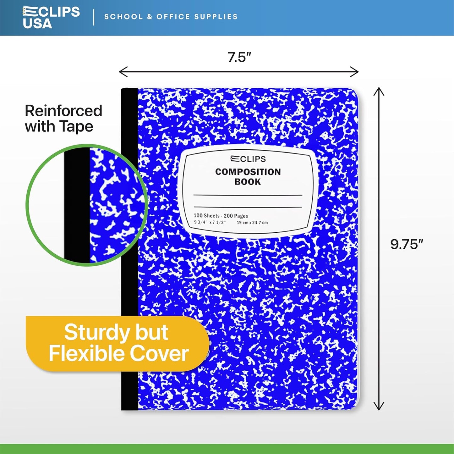 E-CLIPS USA Composition Notebooks, (48 Pack), Wide Ruled Composition Notebook, Marble Composition Notebook, 100 sheets, 200 Pages (48, Blue)
