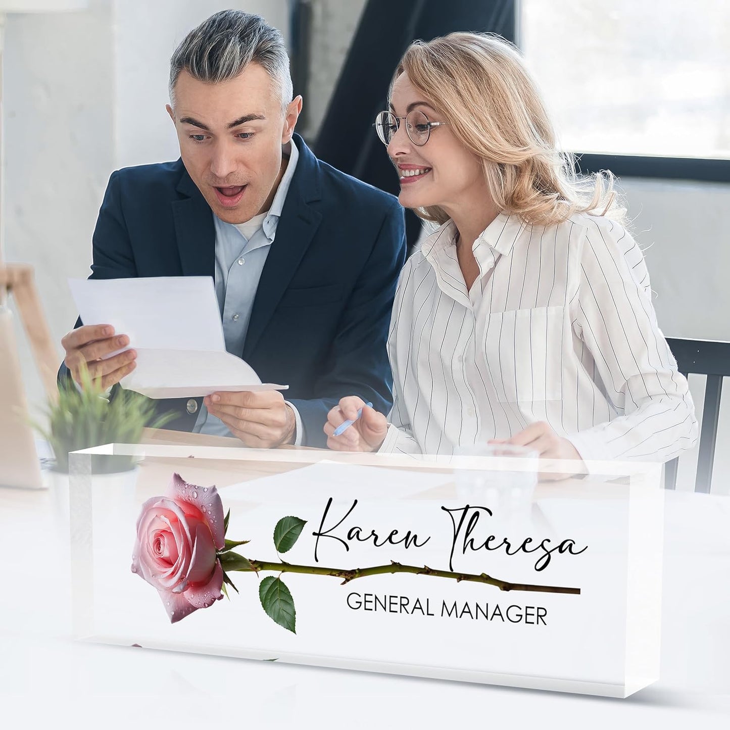 Custom Office Name Plate, Personalized Gifts for Women & Employees, Office Desk Accessory (A Rose)