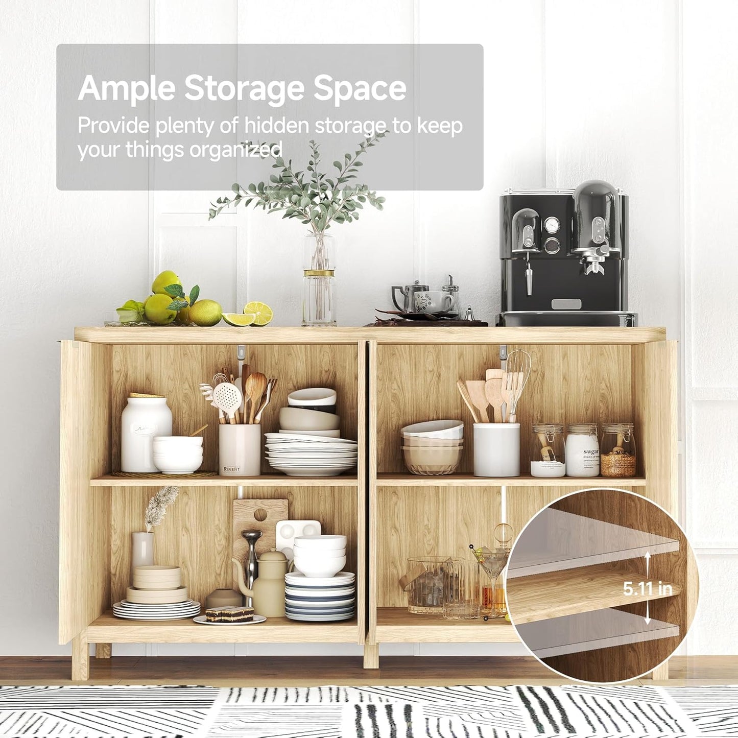 Real Relax Fluted Buffet Cabinet with Storage, Modern Sideboard with 4 Doors, 3 Adjustable Shelves, Large 55'' Kitchen Credenza Coffee Bar Cabinet, Console Cabinets for Living, Dinning Room, Natural