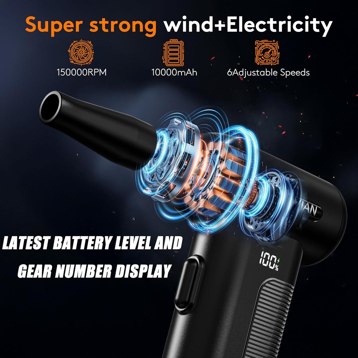 Compressed Air Duster Electric Air Blower: 150000RPM 10000mAh LED 6-Gear Adjustable Keyboard Cleaner, Wireless Rechargeable Duster for Computer Keyboard Cleaning