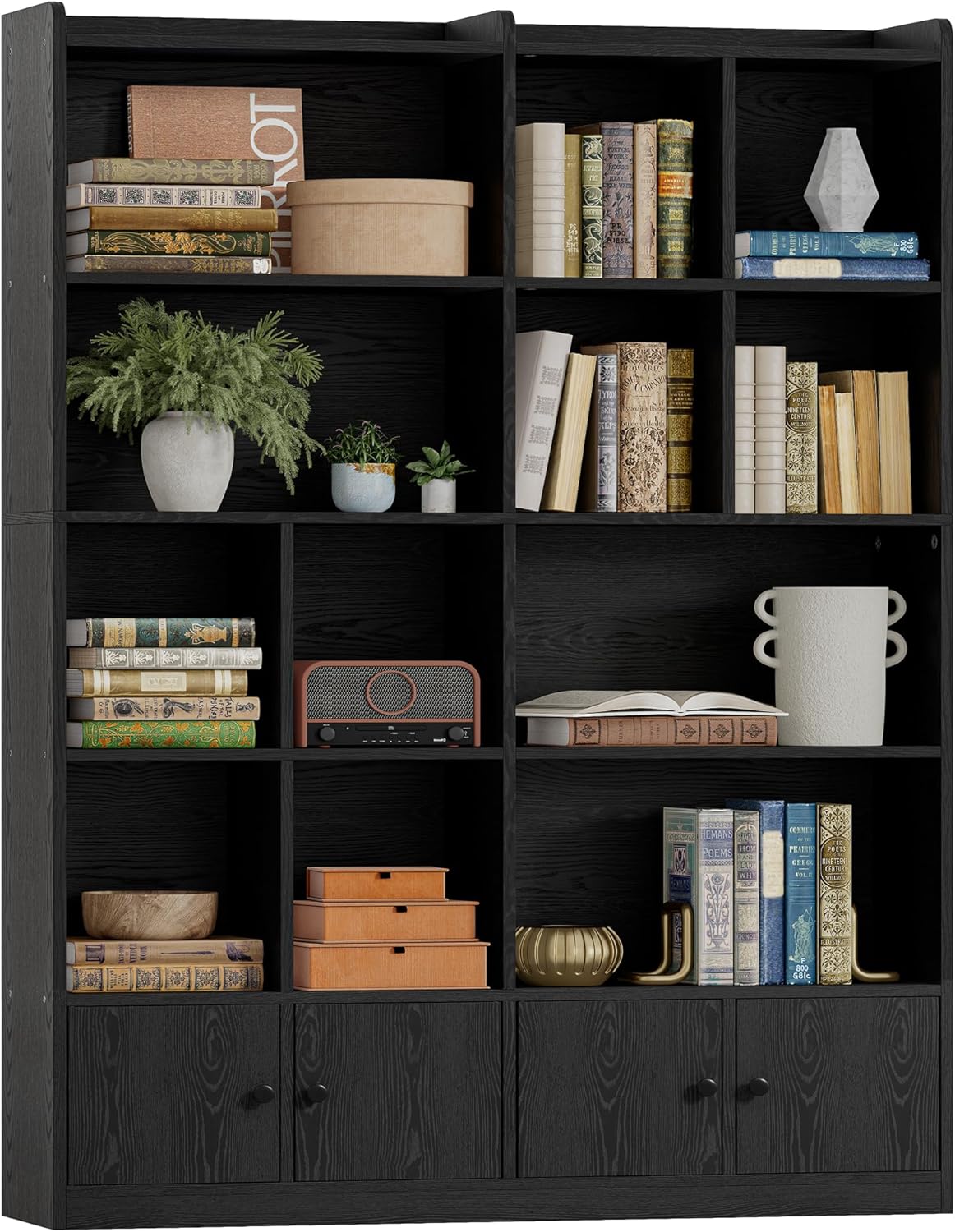 IRONCK Bookshelves and Bookcase, 6 Tiers Large Bookshelf with 4 Doors, Floor Standing Tall Display Storage Shelves for Home Office, Living Room, Bedroom, Black