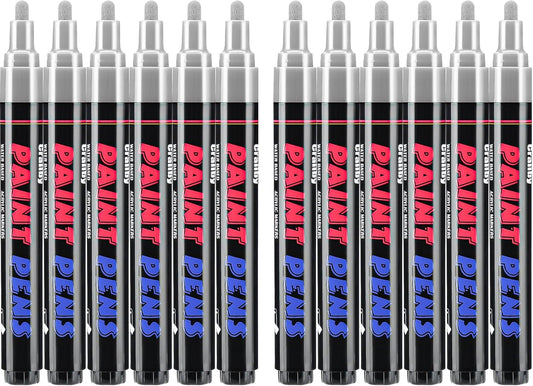 Silver Paint Pens Paint Markers - 12 Pack Permanent Quick Dry Waterproof Marker Pens for Rocks Wood Fabric Plastic Canvas Glass Mugs Metal Tire Stone