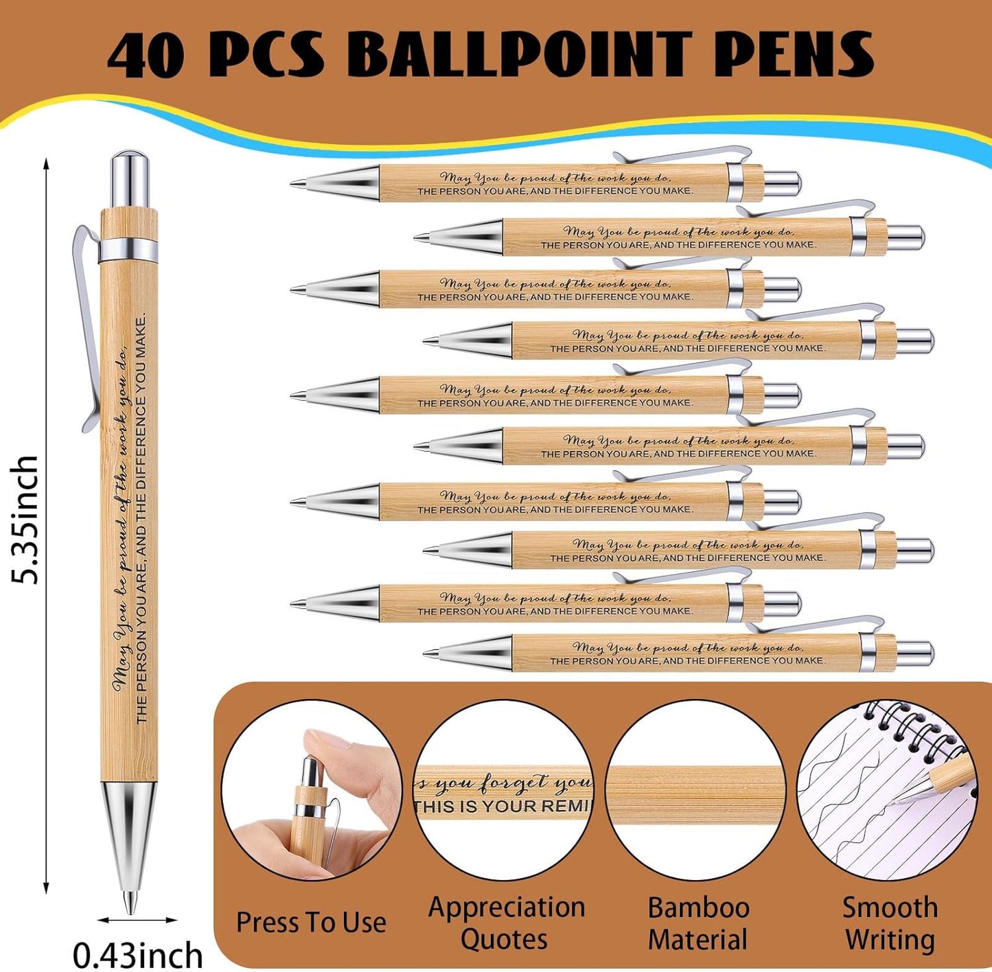 40 Sets Employee Appreciation Gifts Encouragement Inspirational Spiral Notebooks with Sticky Notes Notepads Thank You Bamboo Ballpoint Pens for Nurse Coworker Teacher (MAY YOU)