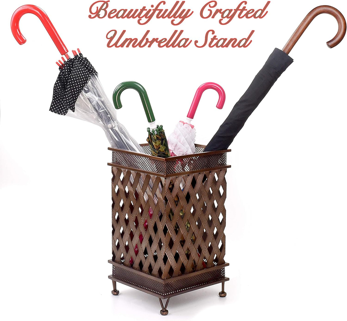 Dualplex Super Quality Umbrella Stand, Umbrella Holder, Antique Look Metal, Entry Hallway Décor, w/Removable Drip Tray. Home, Office Decoration Rack Holds Umbrellas Canes Walking Sticks (Square)