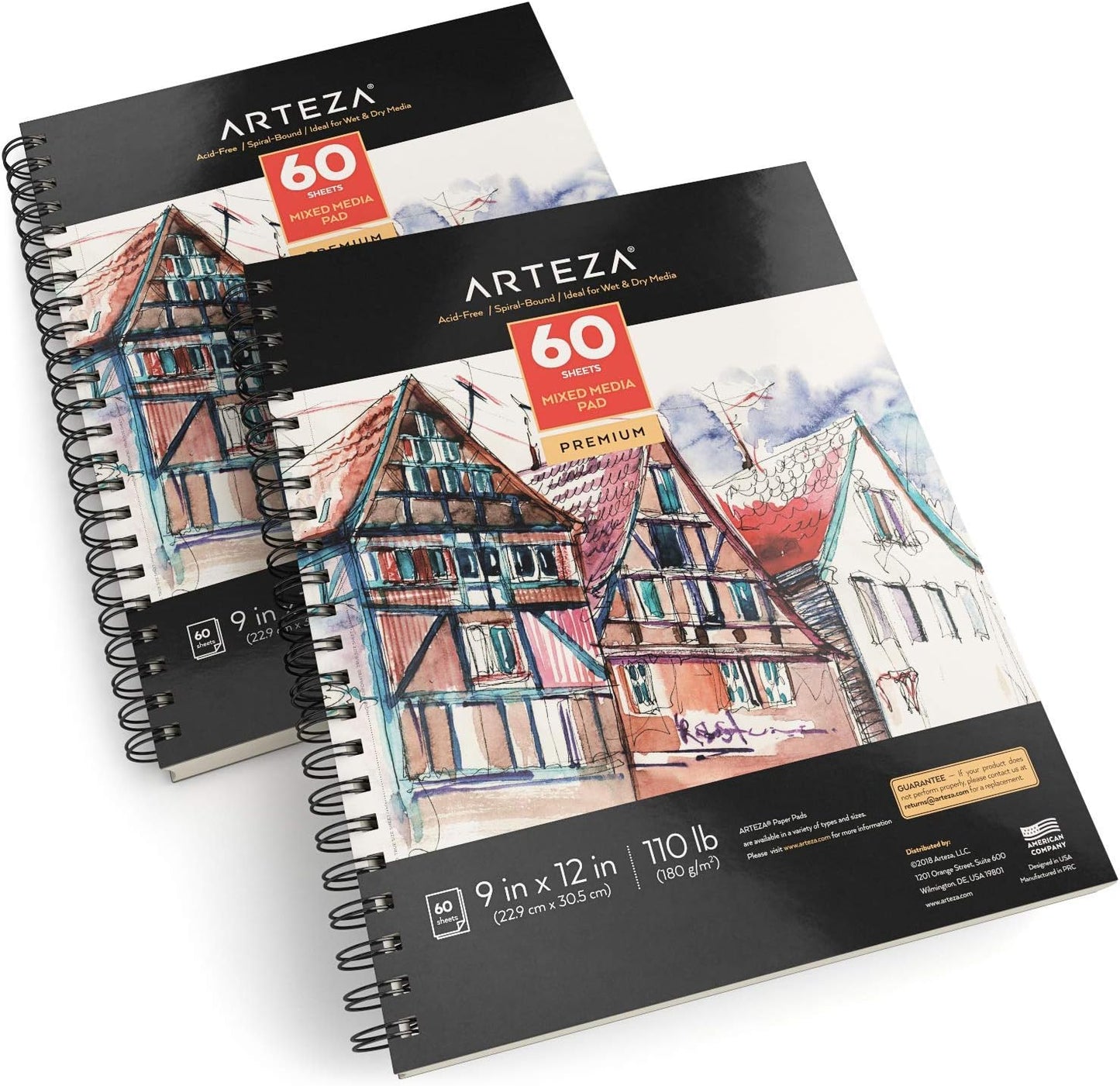 ARTEZA Mixed Media Sketchbook, 9x12 Inches – 2-Pack, 60 Spiral-Bound Sheets, 110 lb Acid-Free Paper for Wet & Dry Media: Acrylic, Ink, Pencil & More