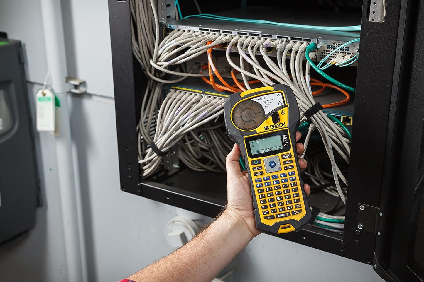 Brady M210 Portable Label Printer with Rubber Bumpers, Multi-Line Print, 6 to 40 Point Font & Authentic (M21-375-595-WT) All-Weather Vinyl Label for Indoor/Outdoor ID, Lab and Equipment Labeling