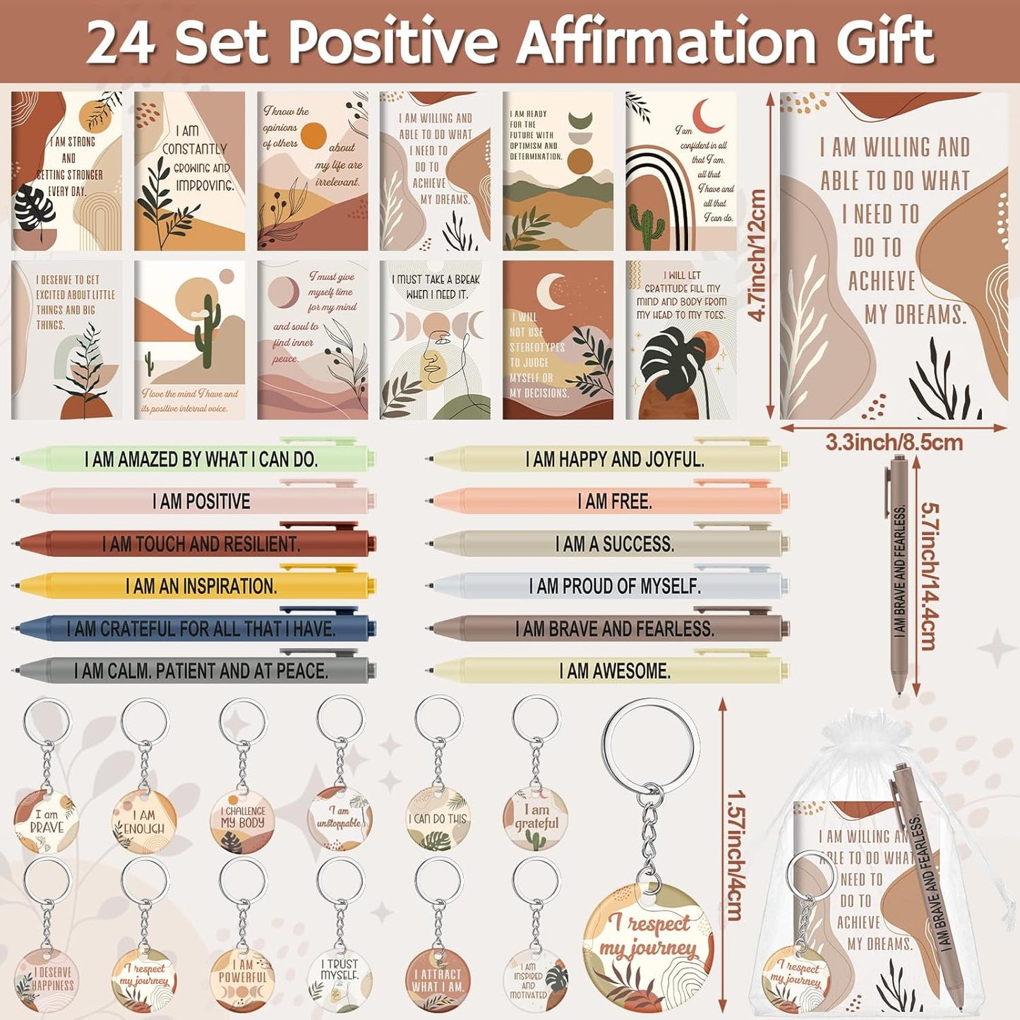 72 Pcs/24 Set Positive Affirmation Gift Set Gratitude Notebooks with Affirmation Pens Acrylic Keychains Small Bags Motivational Notepads for Women Coworkers Adults Party Favors(Boho)