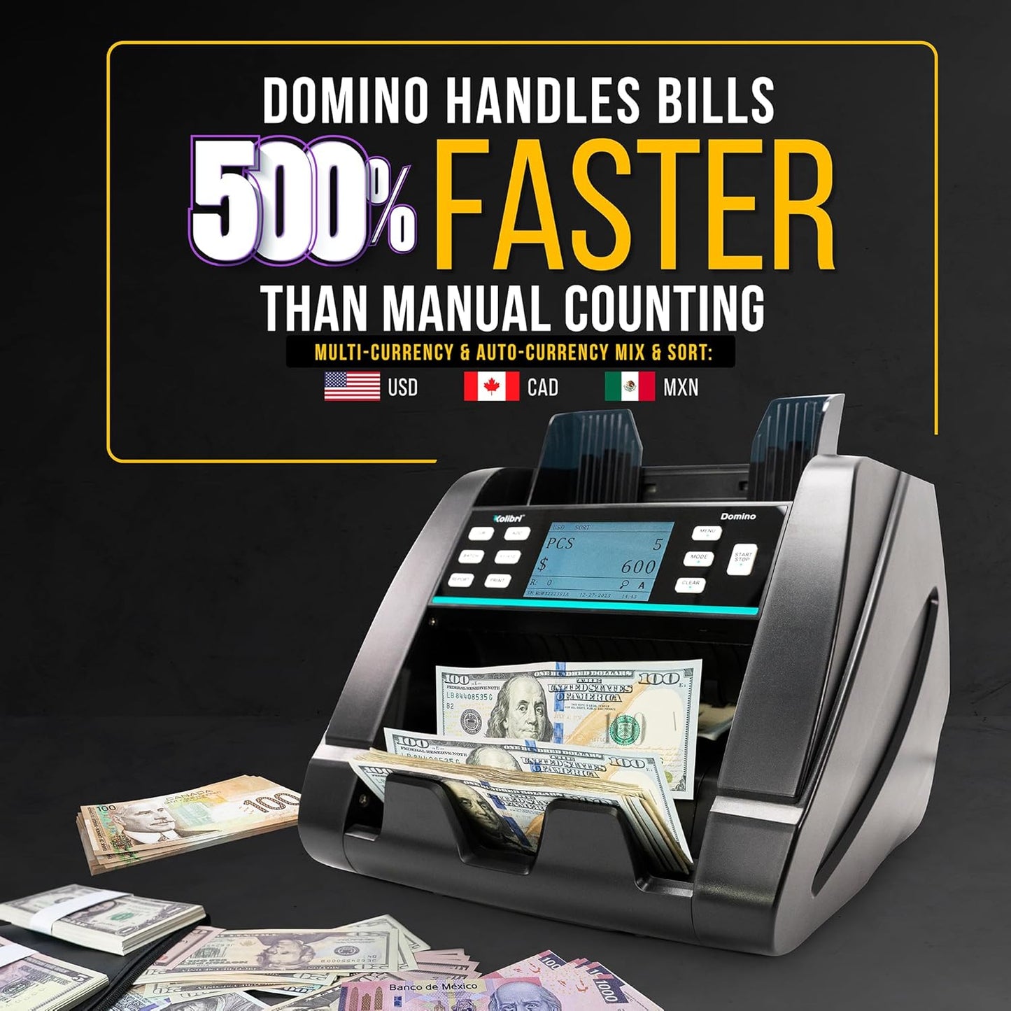 KOLIBRI Money Counter Machine, Domino Mixed Value Cash | 2 CIS UV/MG IR/MT SN/DV IRT Fake Detections Money Counting Machine | 3-Year Warranty (US Tech Support)