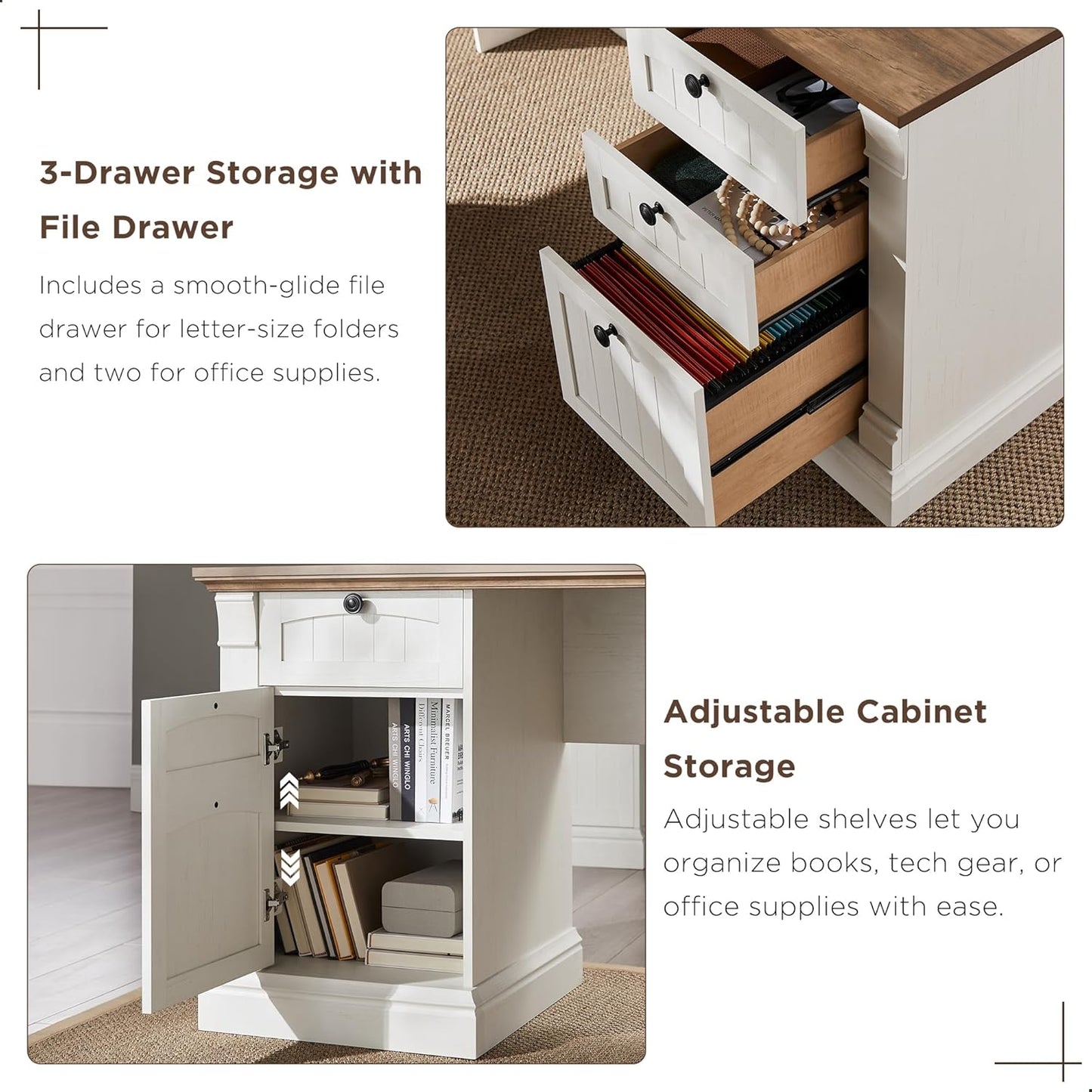 OKD 60" L Shaped Executive Desk with Drawers, Farmhouse Home Office Desk with Charging Station, File Cabinet Storage, Wood Corner Computer Desk for Work and Study, Antique White