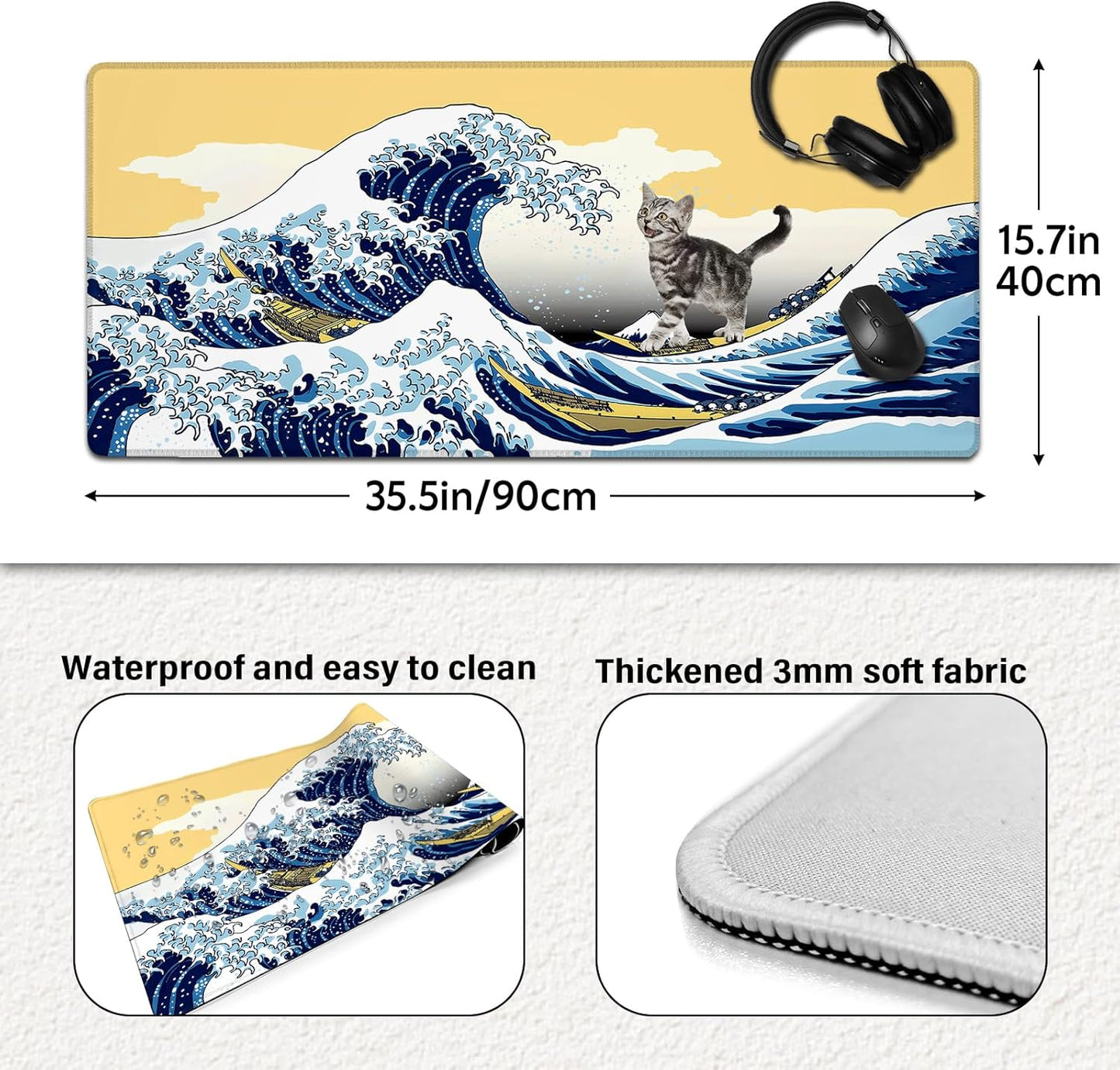 Funny Cat Surfing The Great Wave Off Kanagawa Mouse Pad - Large Non-Slip Desk Mat for Office, PC, Laptop - 35.5"x15.7" x 3mm