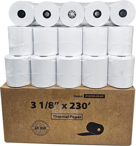 60 GSM Heavy Thermal Paper 3 1/8 x 230' thermal receipt paper (50 rolls - 60 GSM) Fits All POS Cash Registers Printers Clover Square Stations, Star Micronics SCP700, TSP100