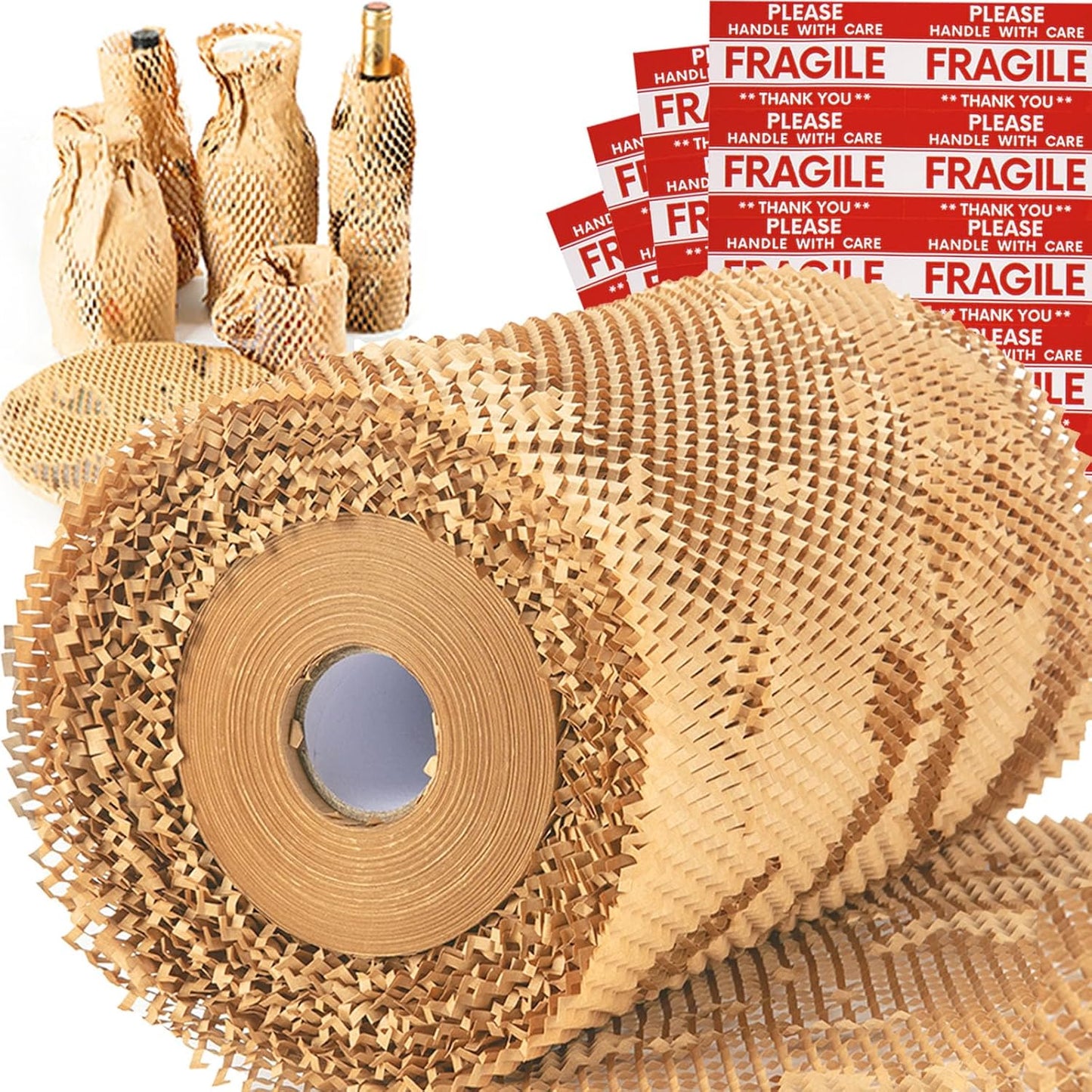 Honeycomb Packing Paper Wrap 15''x20520" (1710 ft), Substitute Alternative for Bubble Cushioning Wrap for Moving Shipping Packaging, Recyclable Moving Supplies with 48 Fragile Sticker Labels