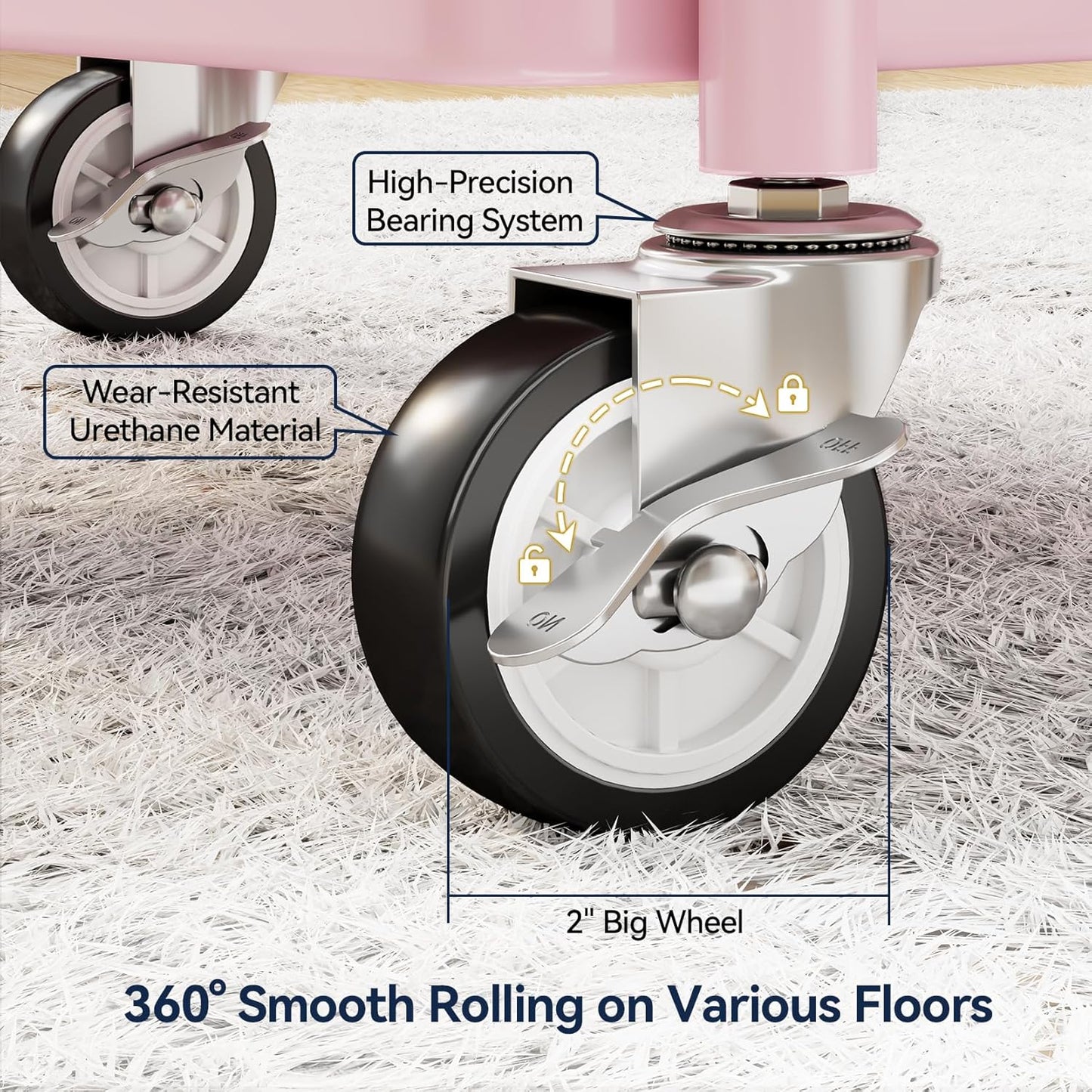 YASONIC 3-Tier Metal Rolling Cart, Heavy Duty Utility Cart with Lockable Wheels, Hanging Cups, Hooks, Mesh Rolling Storage Cart Craft Organizer, Lightweight and Sturdy, Pink