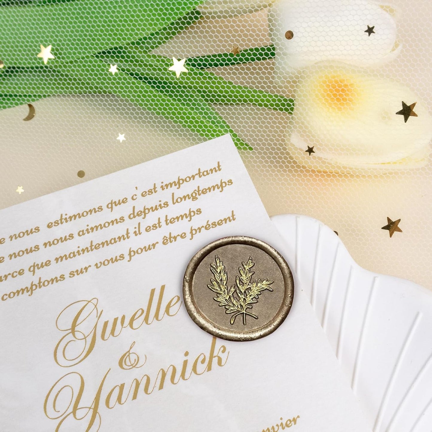 50Pcs Gold & Champagne Gold Wax Seal Stickers Handmade Envelope Seals Self Adhesive Wax Stickers for Wedding Party Invitations, Envelope, Gift Wrap, Christmas(Gold Rosemary Style, Champagne Gold Wax)