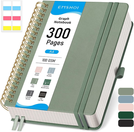 EMSHOI Spiral Graph Paper Notebook - 300 Pages, 100 GSM Thick Grid Notebook, A4 Large Hardcover Leather Journal for Women Men Work School Writing Engineering Graphing, 8.27" x 11.2", Light Green