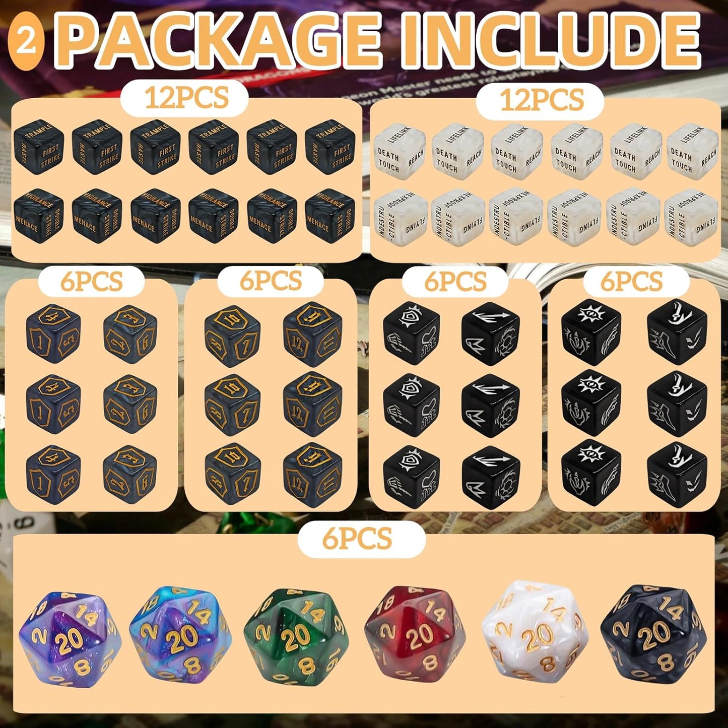90 PCS MTG Counter Dice Set - AbilityKeyword Counters, -1/+1 Life Counter, Shield Counter, MTG Patterned Display dice, Creature Stat Buffs, Multicolor Marble Colour D6 Dice, MTG Games (Includes Bag)