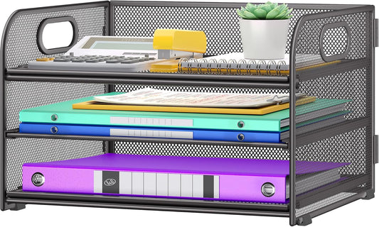 3 Tier Paper Organizer with Handle, Metal Desk Organizer Mesh Paper Letter Tray Desktop File Folder Document Sorter for Classroom, School, Office Accessories Organization and Storage - Grey