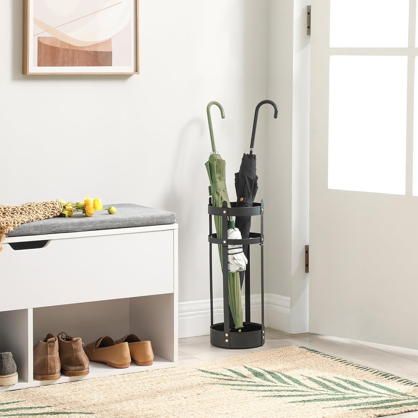 SONGMICS Umbrella Stand, Steel Round Umbrella Holder Rack, 6.9 x 6.9 x 19.3 Inches, with Detachable Drip Tray, for Entryway, Office, Stable, Assembly Required, Matte Black ULUC029B01