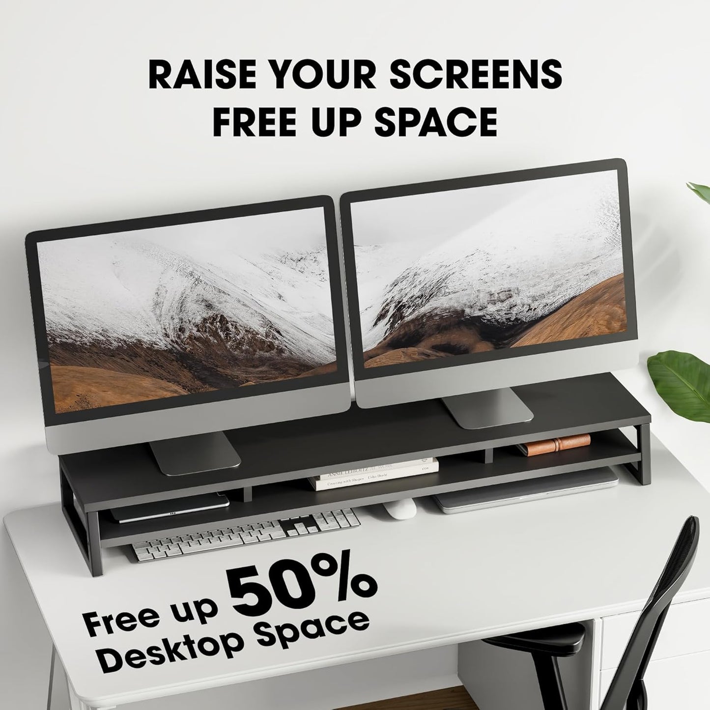 Fenge Dual Monitor Stand for Desk, 42.5in Large Monitor Riser for 2 Monitors, 2 Tier Computer Office Desk Top Shelf, Desktop Storage Stand for Laptop, PC, Computer, Printer