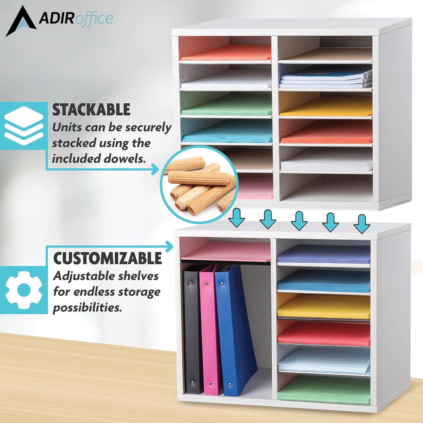 AdirOffice Wooden Adjustable Literature Organizer, 12 Compartment Office Mailbox, or Classroom Literature Organizer, White