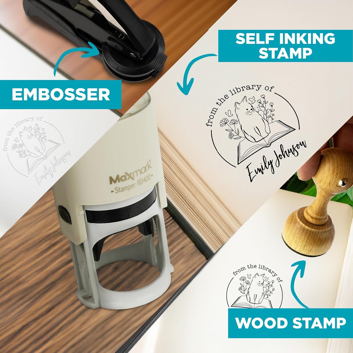 Custom Library Embosser - Style 111 - Embosser, Wood Stamp or Self Inking Stamp - Book Embosser Includes 50 Gold Seals - Custom Stamp Seal from The Library of