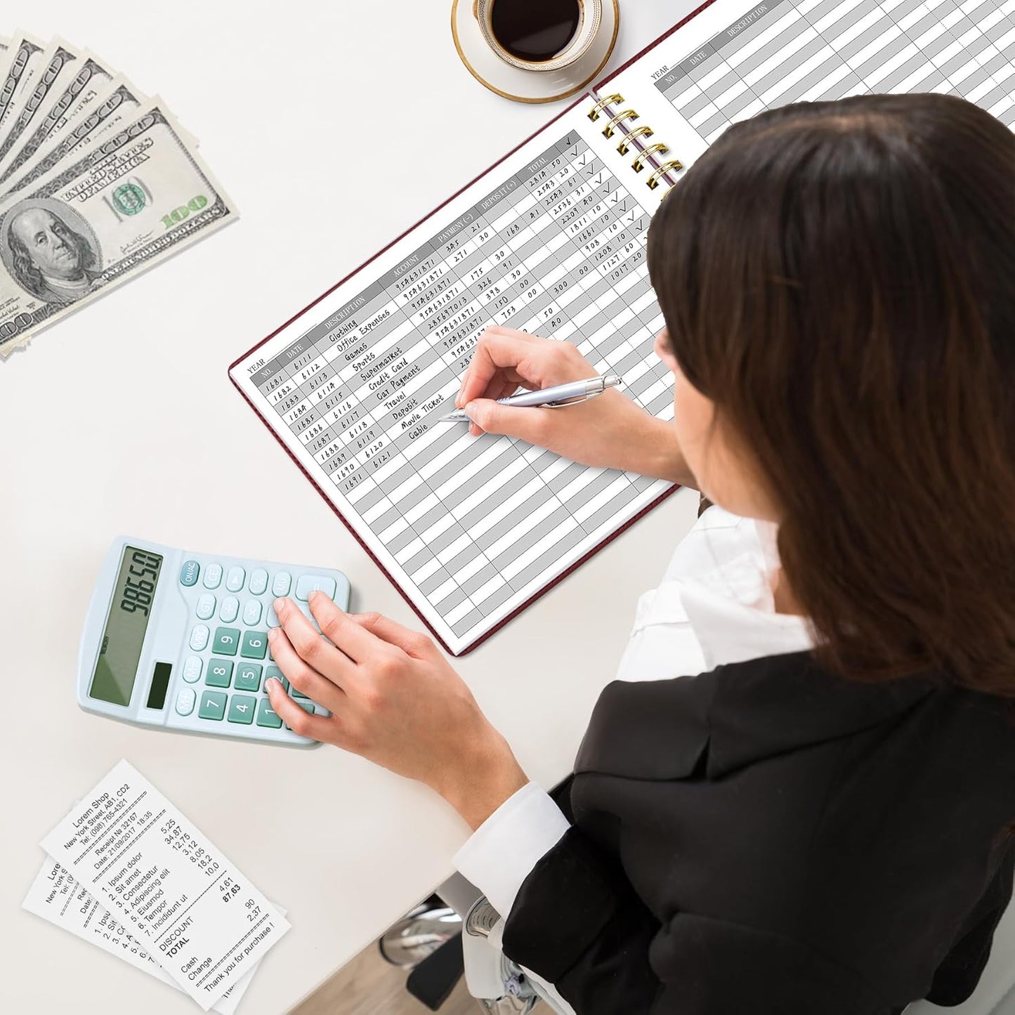 HAUTOCO Hardcover Accounting Ledger Book for Small Business Bookkeeping Horizontal Money Expense Tracker Notebook with 2 Storage Pouch, Personal Columnar Log Journal 10.78 x 8'', Cherry Red