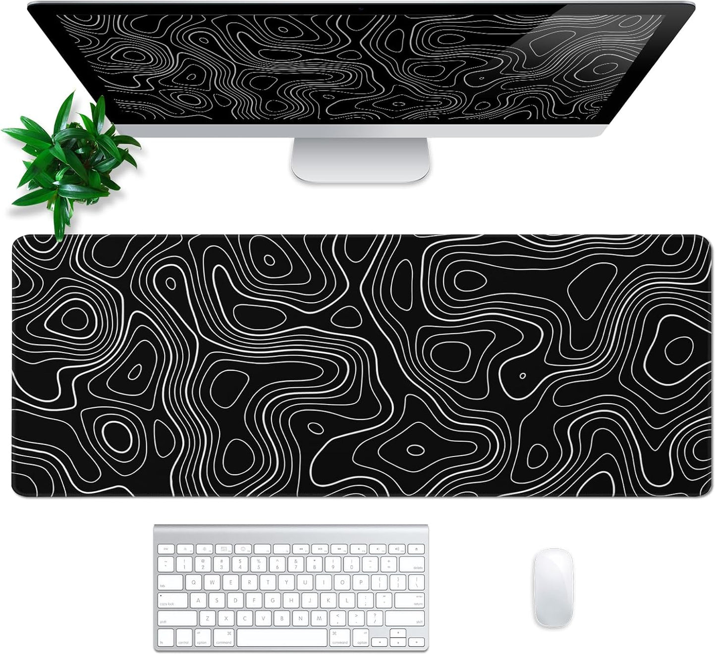 Topographic Contour Gaming Mouse Pad Black Large Mouse Pad for Keyboard and Mousepad Desk Mat with 3mm Non-Slip Base and Stitched Edge for Gaming and Office Computer Mat Protector Mat 31.5x11.8 Inch