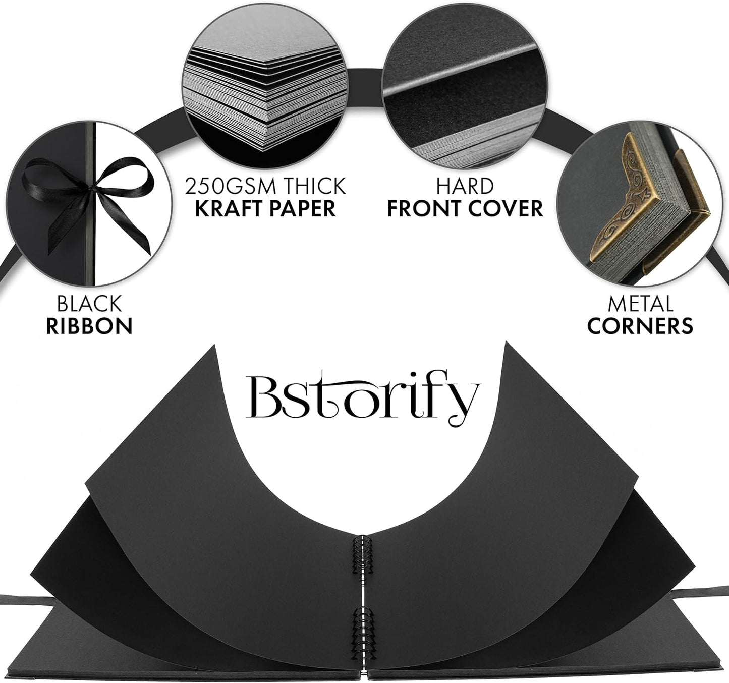 Bstorify Square Large Black Scrapbook Photo Albums 80 Pages (11 x 11 inch) Thick Kraft Paper Scrap Book, Memory Book, Ribbon Closure - Ideal for Your Scrapbooking, Art & Craft Projects