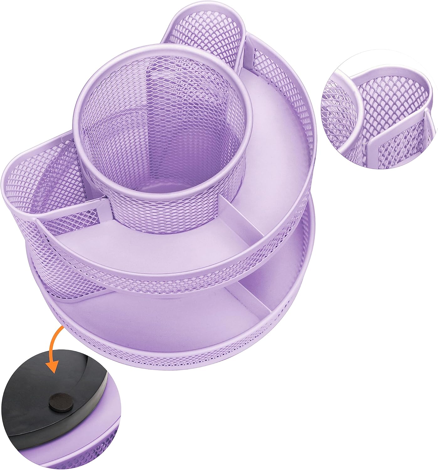 Annova Mesh Desk Organizer Rotate with 5 Compartments Round Spinning Tidy Candy/Pen Holder Desk Accessories Office, Art Supply, Storage, Classroom, Home (Light Purple)