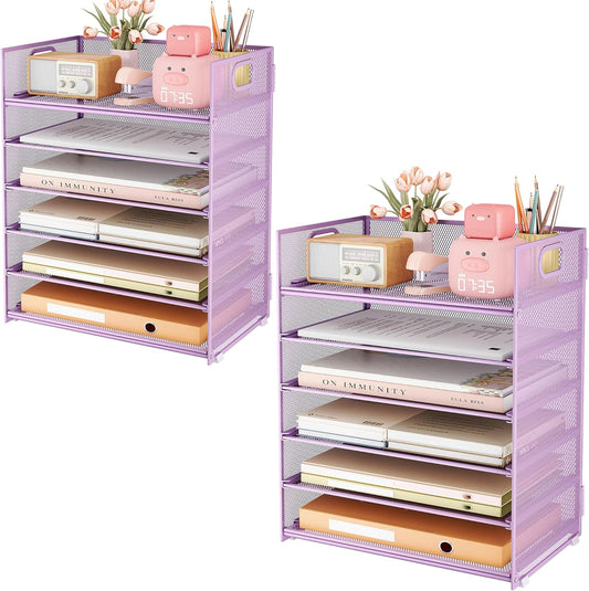 Subekyu 6-Tier Desk Paper Organizer, Desktop File Letter Tray with Handle, Document Sorter and Accessories Holder for Office, Home and School Workspace Organizers, Purple-2 Pack