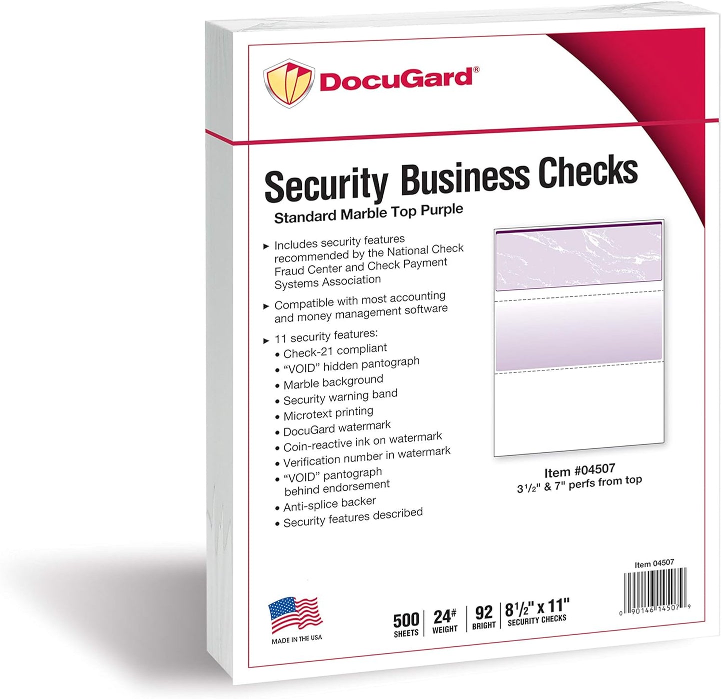 DocuGard Standard Purple Marble Top High Security Check Paper - QuickBooks & Laser/Inkjet Printer Compatible - 11 Security Features - 500 Blank Business Checks (04507)
