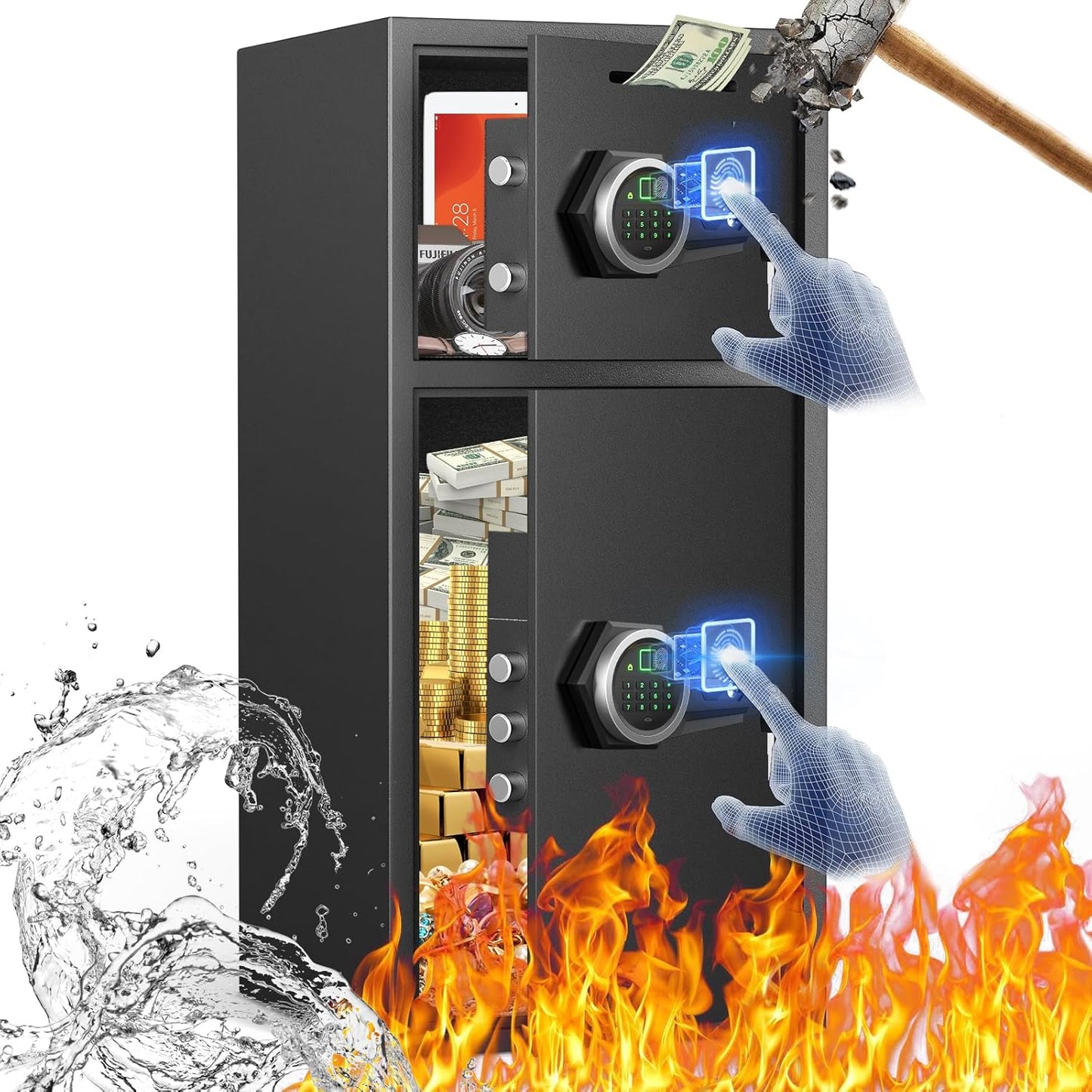 7.0 Cu ft Large Safe Box Fireproof Waterproof,with LED Light fire proof safe for home documents,Fingerprint password personal Safes with Deposit Slot & Dual Alarm System，Security Box fo Valuables