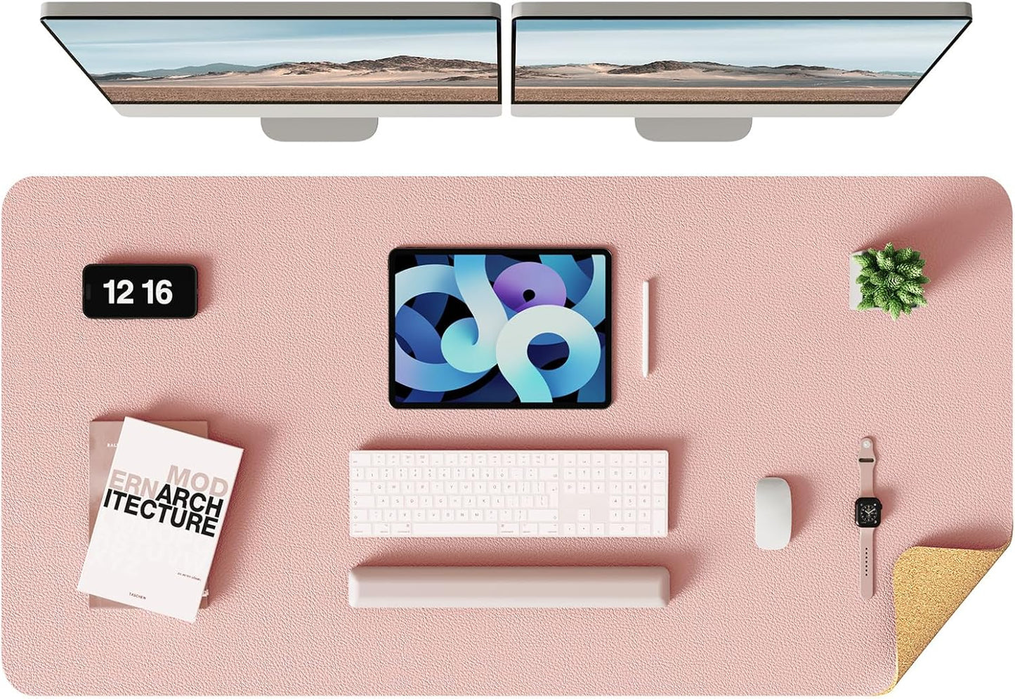 YSAGi Double-Sided Desk Pad, Leather Desk Mat, Eco Cork Desk Pad Protector, Large Mouse Pad for Desk, Waterproof Desk Blotter Pad, Desk Writing Pad for Office Work/Home (Pink+Cork, 47.2" x 23.6")