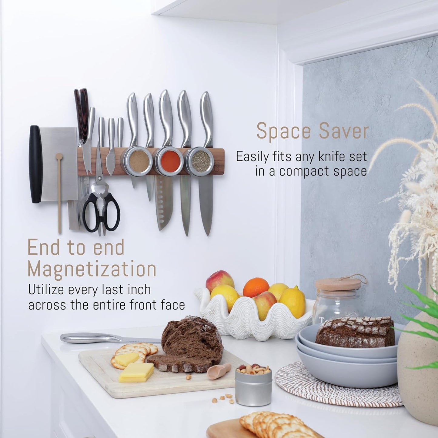 Walnut 16 inch Magnetic Knife Holder for Wall with 2x Storage & Charming Wood - Knife Magnetic Strip, Under Cabinet Magnet Knives Storage - Magnet Strip Rack Kitchen Utensil Holder Organizer Tool