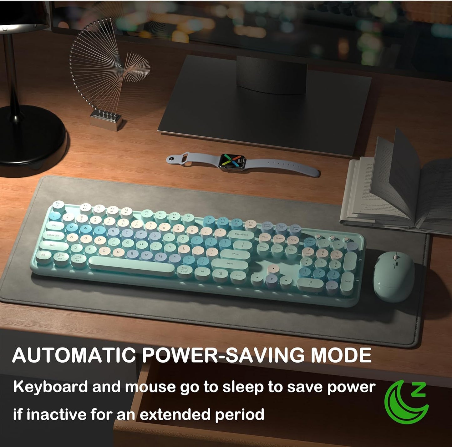 Wireless Keyboard and Mouse, Full-Size Retro Typewriter Keyboard with Round Keycaps, 2.4GHz for Windows, Mac, Laptop, PC, Desktop (Blue Colorful)