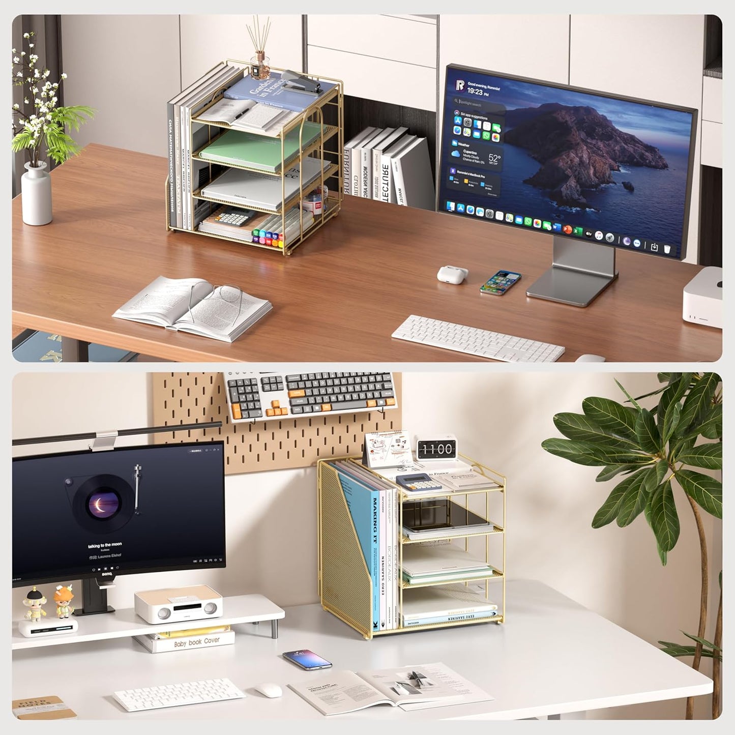 Desk File Organizer and Accessories, 4-Tier Paper Organizer with Vertical File Holder, Office Desk Accessories & Workspace Organizers and Storage for Office Supplies (Gold)