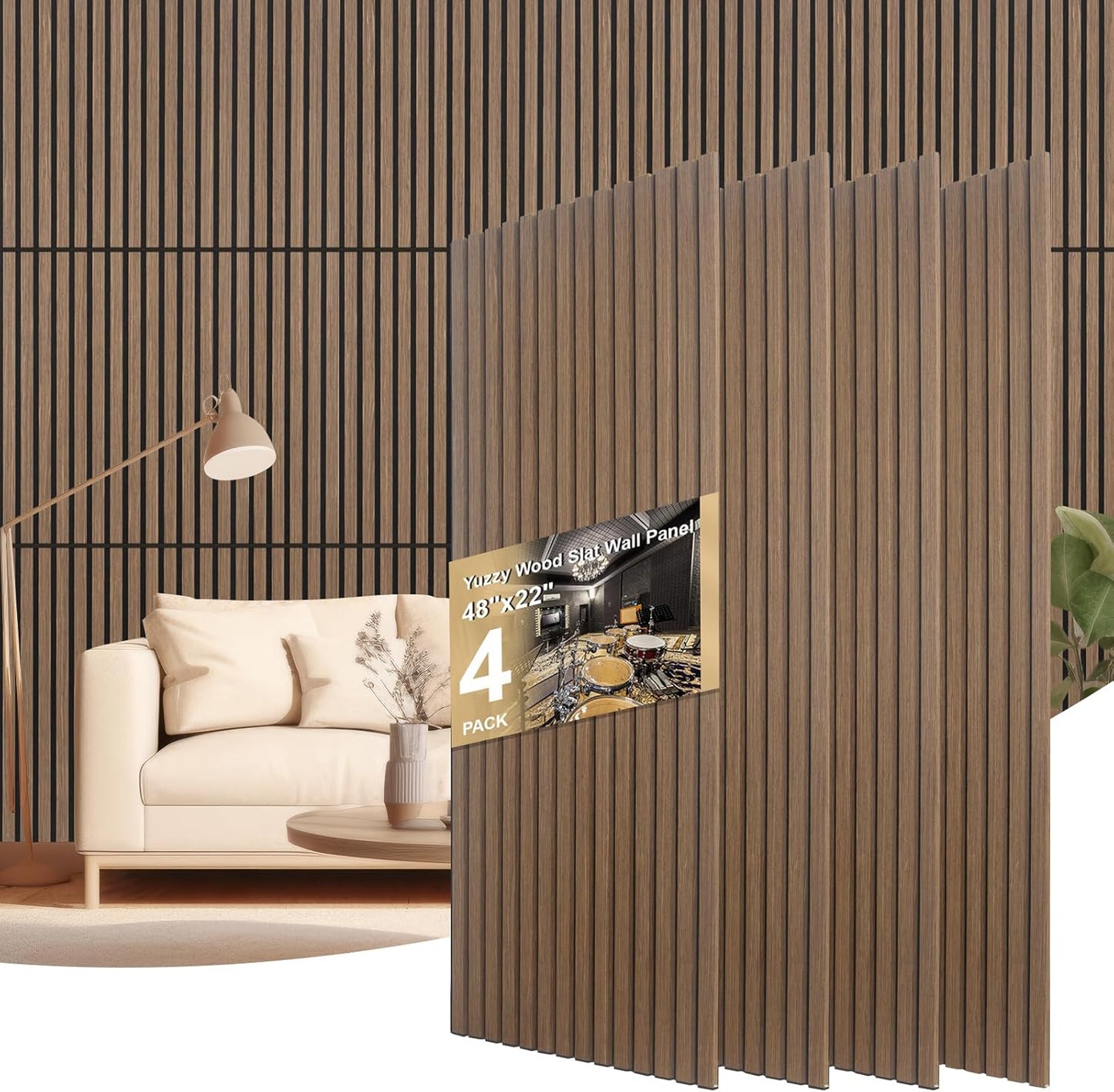 Yuzzy Acoustic Wood Slat Wall Panels - 48" x 22" Dark Walnut Fluted Sound Absorbing Panel for Wall and Ceiling - 4 Pcs Wall Panels for Interior Wall Decor for Homes, Offices, Studios