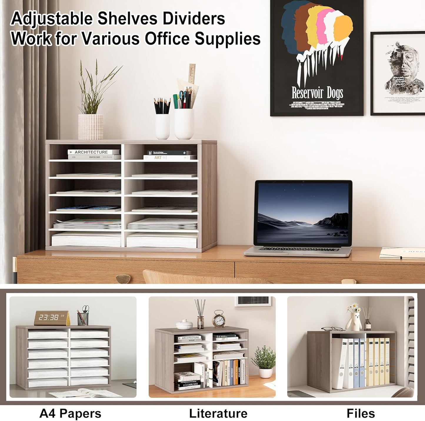 Mail Organizer Countertop, 12 Slots Wooden Desk File Literature Sorter, Adjustable Paper Storage Shelves Document Holder, Space Saving Desktop Mailbox for Office Classroom, Retro Grey/White