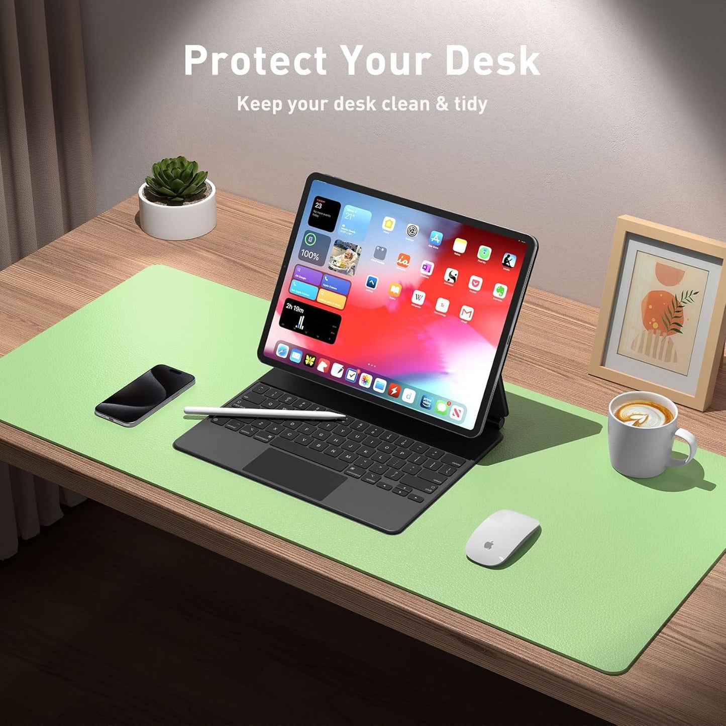 Aothia Leather Desk Pad Protector, Mouse Pad, Office Desk Mat, Non-Slip PU Leather Desk Blotter, Laptop Desk Pad, Waterproof Desk Writing Pad for Office and Home (36" x 17", Foam Green)