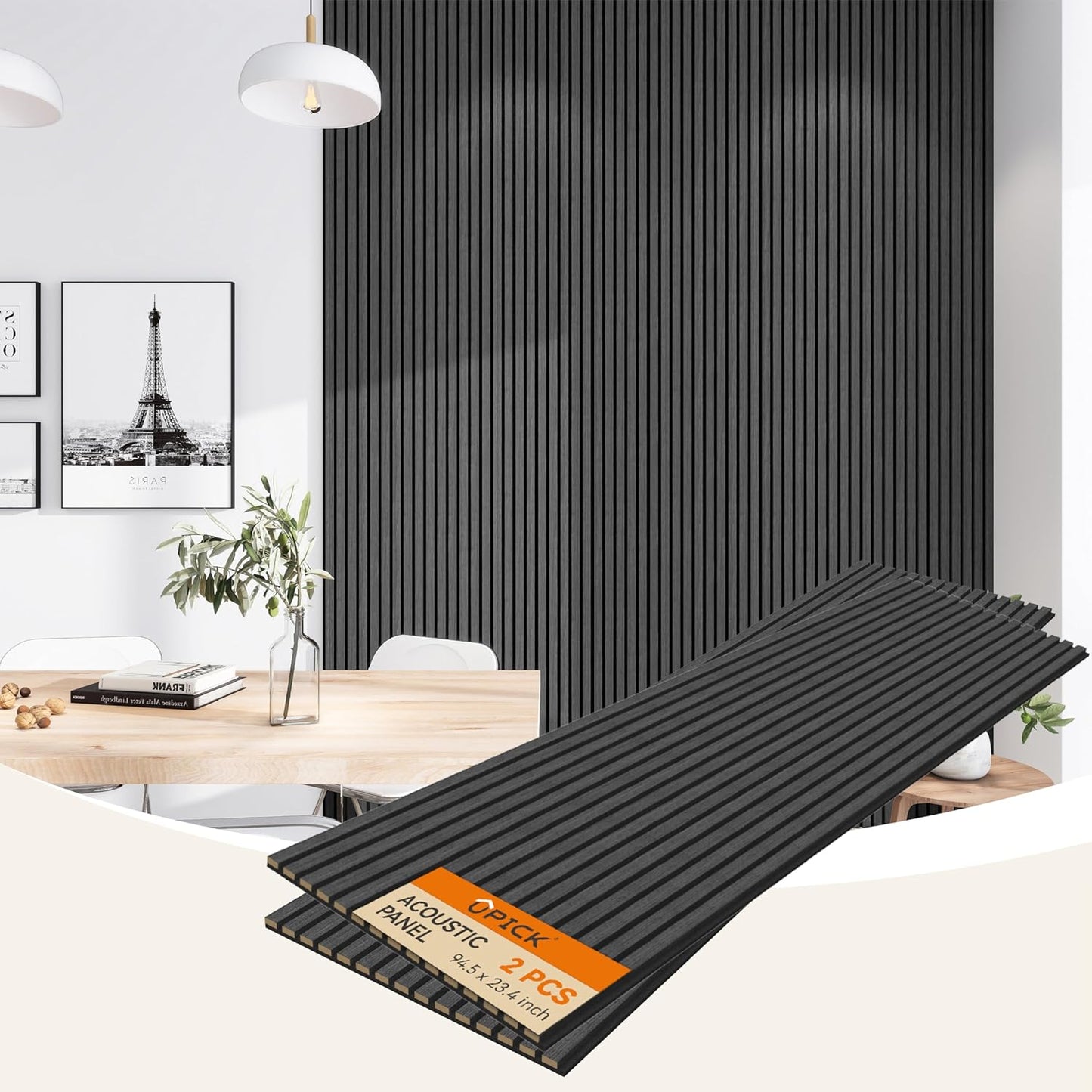 Upick MDF Acoustic Wall Panels Sound Absorbing, 2 Pack 94.5 x 23.4 inch Sound Proof Foam Wall Panels & Wood Slat Wall Panels for Interior Wall Decor, Matte Black