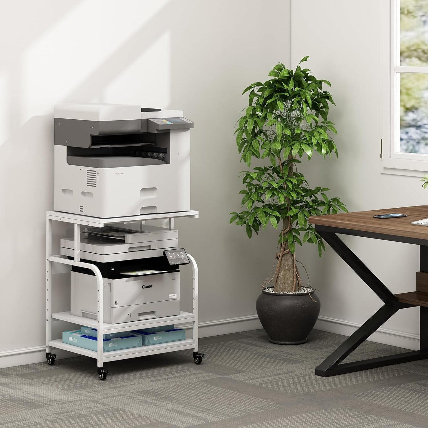 White Printer Stand, 23.6 x18.9 x 30 Inches Big Size Printer Table with Adjustable Shelf, 3 Tier Rolling Printer Cart with Wheels for Home Office Storage and Organization