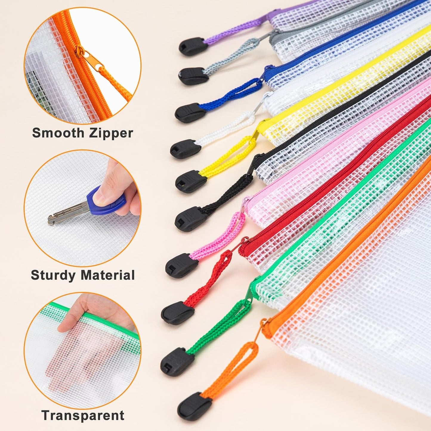 12pcs Mesh Zipper Pouch Bags, Waterproof A4 Letter Size Puzzle Bag for Organizing, Storage, Board Games and Office Supplies, 12 Colors