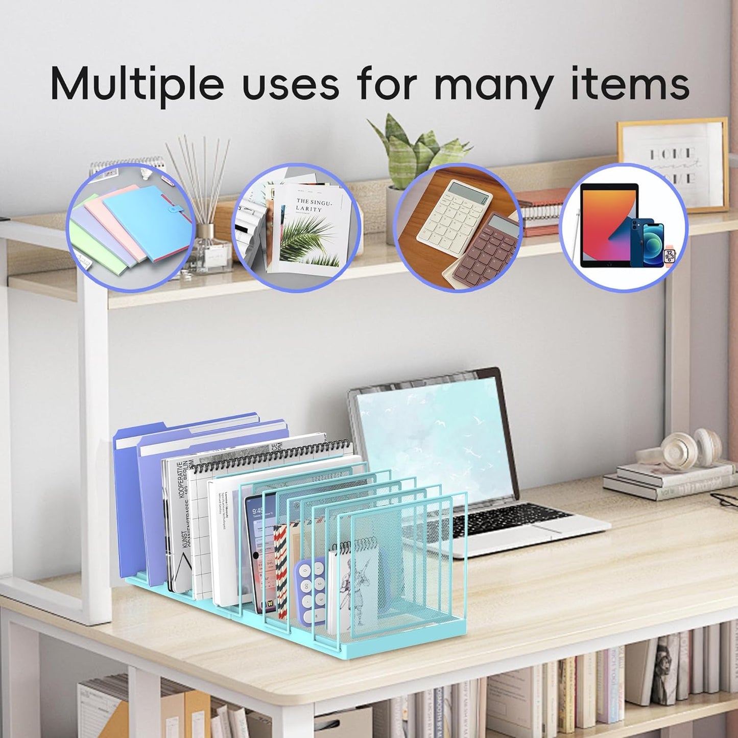 9-Section Desk File Organizer, Vertical File Holder, Mesh Desktop File Folder Metal File Organizer Stand for Office Home Classroom, Blue
